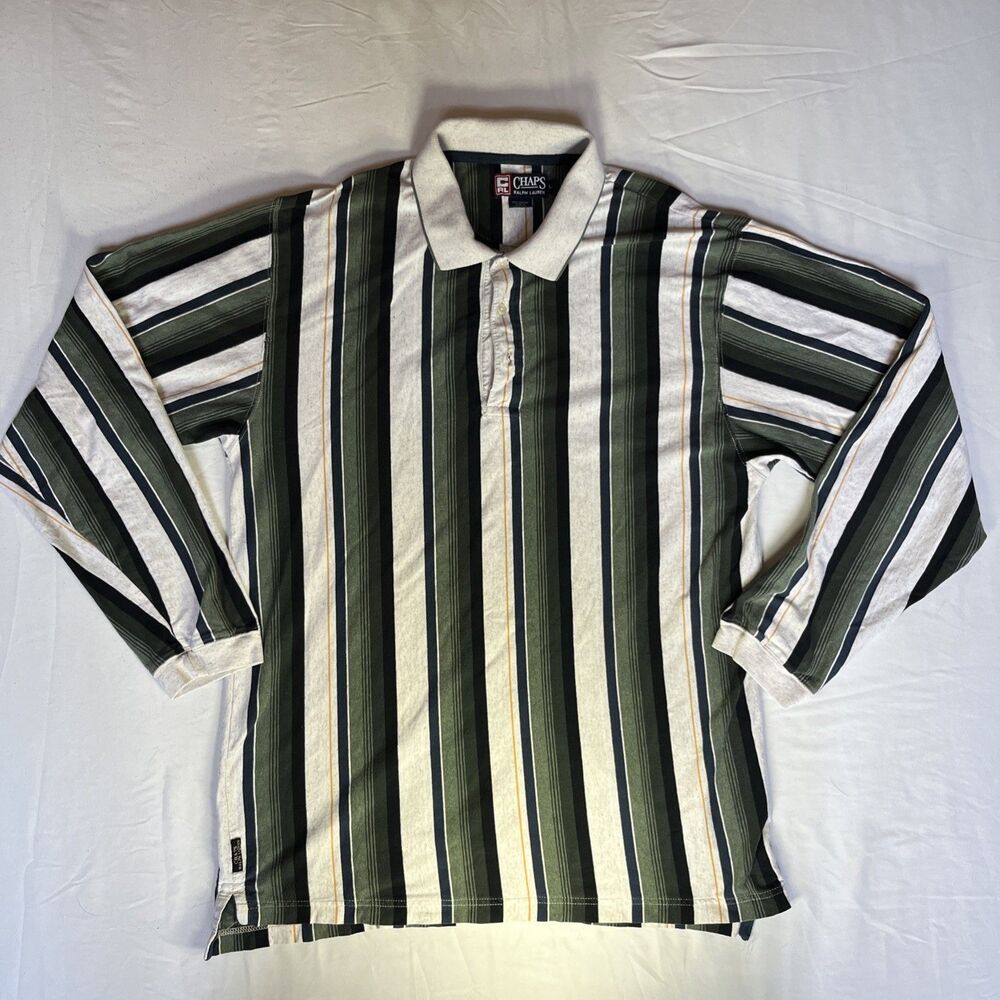 VTG Chaps Ralph Lauren Polo Shirt Mens Large White Stripe Rugby Long Sleeve Y2K